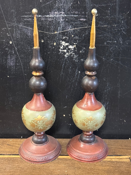 PAIR OF RED, GREEN, AND GOLD TIN FINIALS
