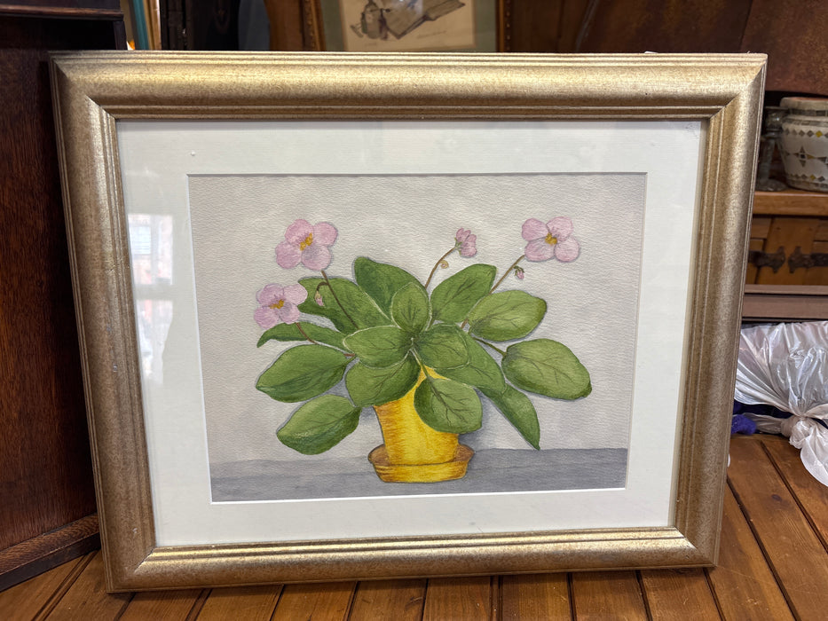 SILVER GILT FRAMED WATERCOLOR OF POTTED PLANT