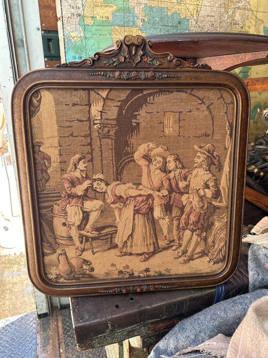 SMALL FRAMED TAPESTRY WITH GENTLEMEN AND LADY