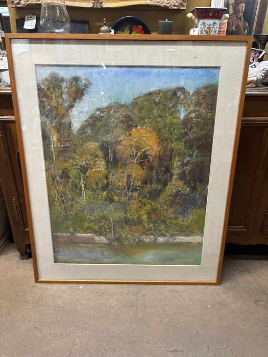 LARGE WALNUT FRAMED PAINTING OF COLORFUL JUNGLE TREES - SIGNED GLENN WHITEHEAD