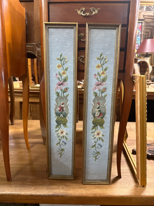 FRAMED PAIR OF TINY BLUE NEEDLEPOINTS