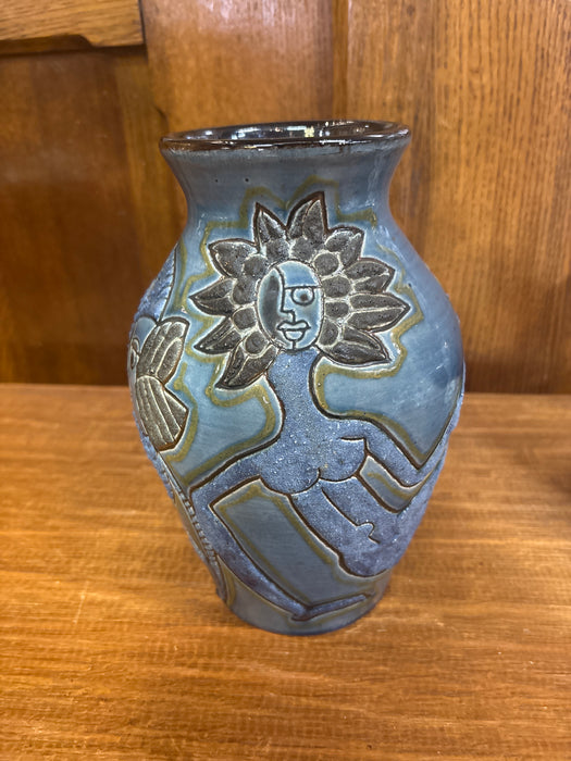 HAND THROWN BLUE POTTERY VASE WITH ABSTRACT PEOPLE