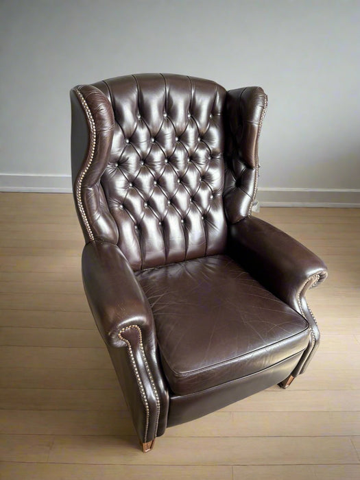 BLACK TUFTED LEATHER WING CHAIR