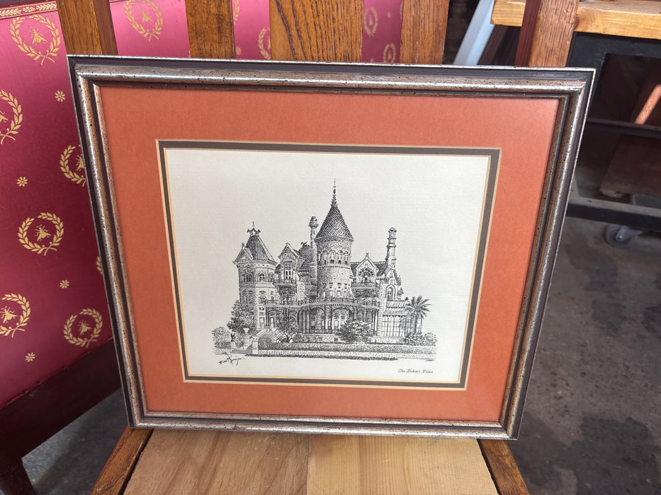 SILVER FRAMED PRINT BLACK AND WHITE INK DRAWING OF THE BISHOPS PALACE - SIGNED EMILY BUNJES