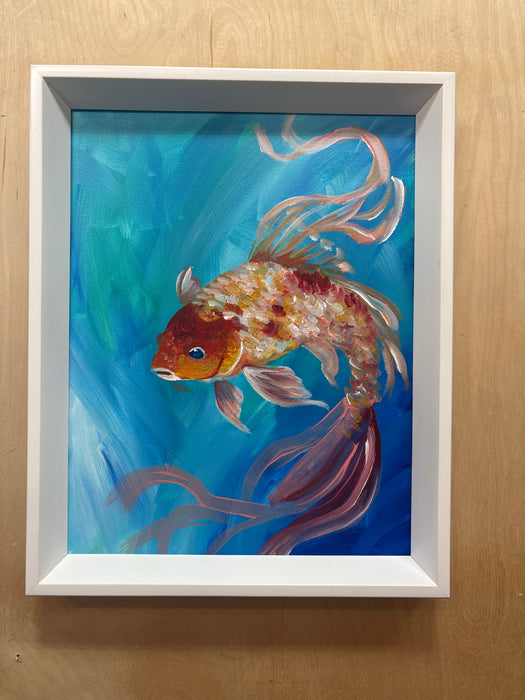 WHITE FRAMED "GOLDIE" FISH ACRYLIC PAINTING - SIGNED ON BACK