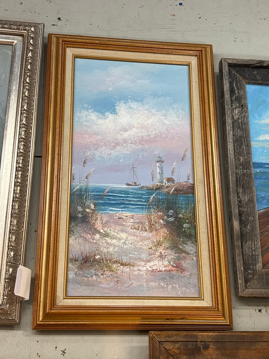 VINTAGE OIL PAINTING OF LIGHTHOUSE HARBOR SCENE "TRANQUIL DAY" - SIGNED BRIAN ROENE