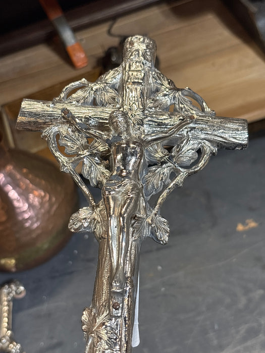 SHORT STANDING METAL CRUCIFIX WITH ORNATE BASE