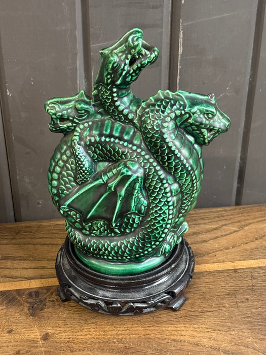 GREEN PORCELAIN DRAGON WITH WOOD BASE