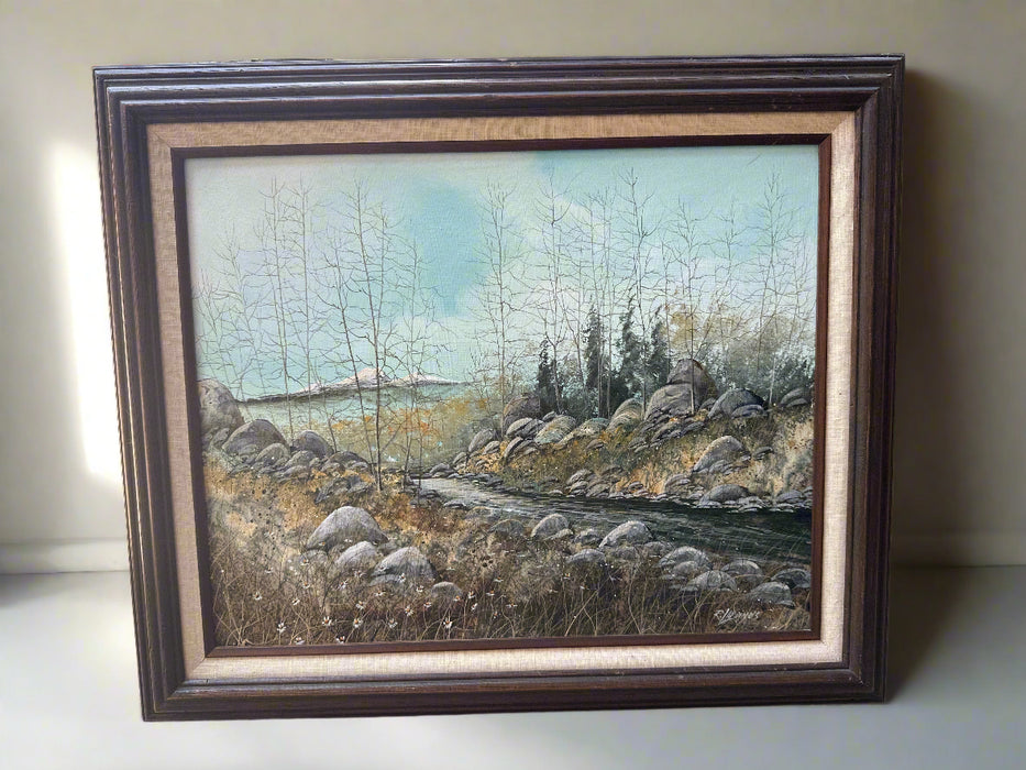 BROWN FRAMED OIL PAINTING OF A STREAM AND BARE ROCKS SIGNED ROBERT LARDINOIS