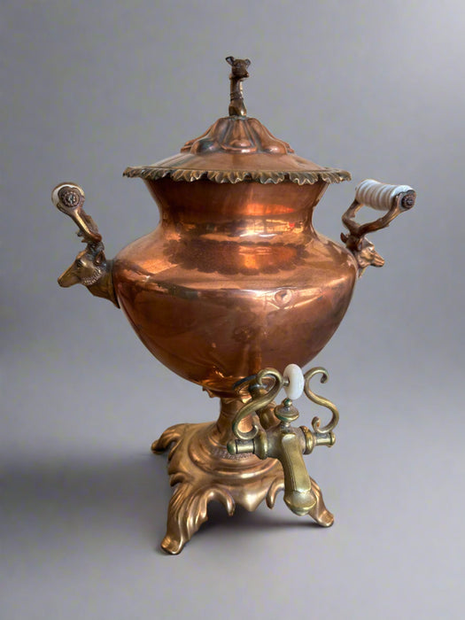 COPPER AND BRASS SAMOVAR WITH DEER HEAD HANDLES