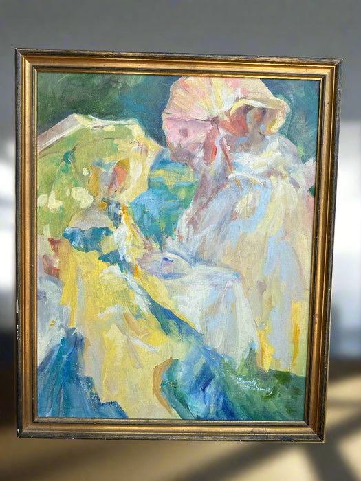 GILT FRAMED  IMPRESSIONIST OIL PAINTING OF WOMEN WITH UMBRELLAS -SIGNED BEVERLY MONTGOMERY