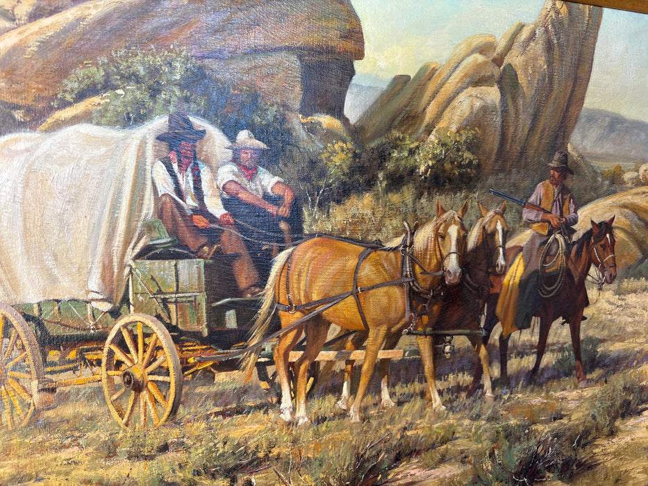 LARGE RUSTIC FRAMED WESTERN OIL PAINTING OF MEN IN HORSE DRAWN WAGON - SIGNED