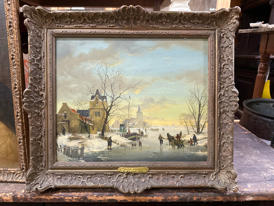 FRAMED DUTCH WINTER SCENE OIL PAINTING SIGNED WH MANDER