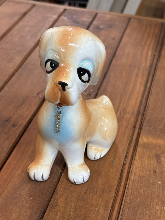 SMALL PORCELAIN ARTISTIC BLUE AND BEIGE DOG FIGURINE