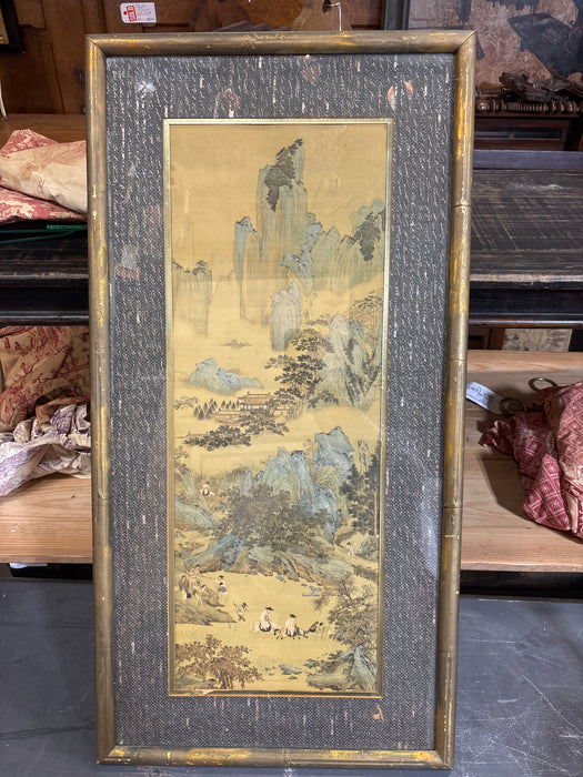 TALL GOLD BAMBOO FRAMED ASIAN PRINT OF MOUNTAIN VILLAGE