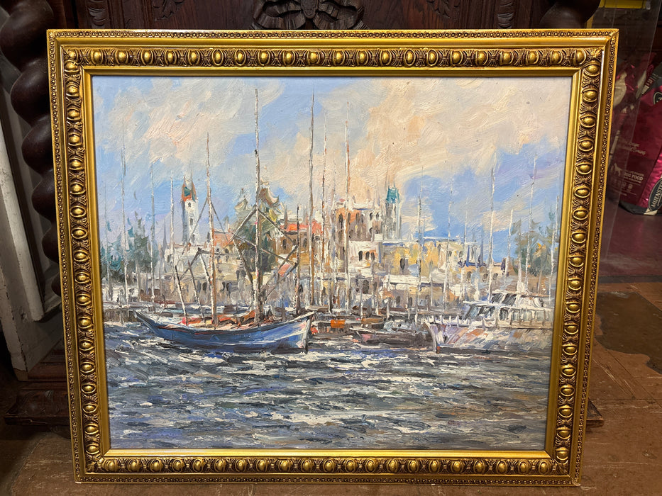 VINTAGE FRAMED IMPRESSIONIST BOATS AT DOCK OIL PAINTING