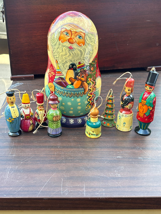 SANTA RUSSIAN NESTING DOLL COVER WITH CHRISTMAS ORNAMENTS INSIDE
