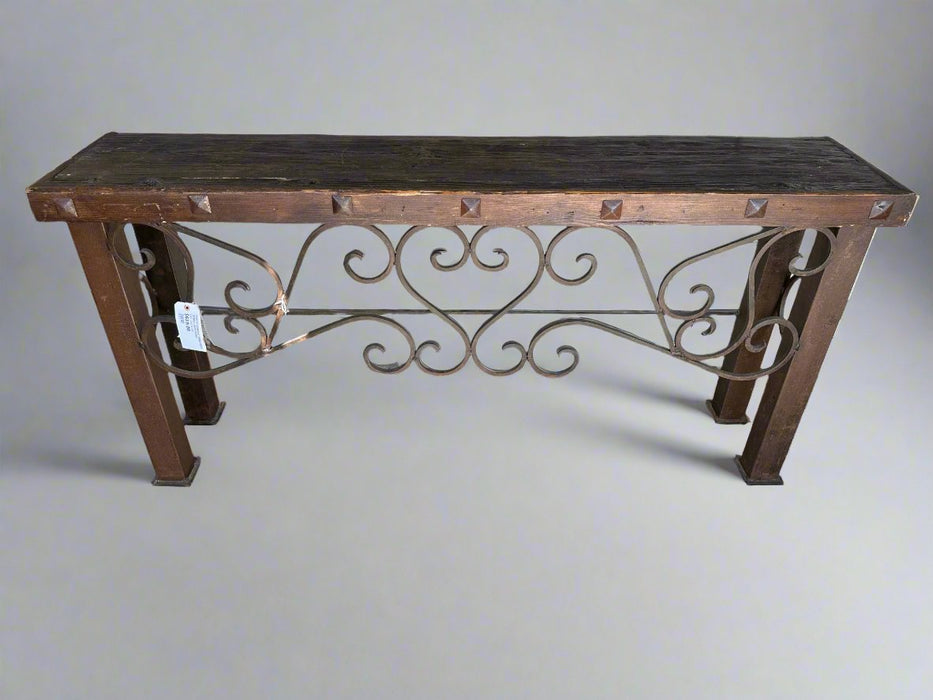 RUSTIC CONSOLE TABLE WITH SCROLL IRON FRONT