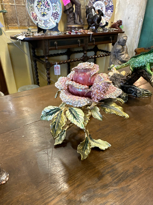 LARGE SILVER AND PINK JEWELED ENAMELED METAL ROSE