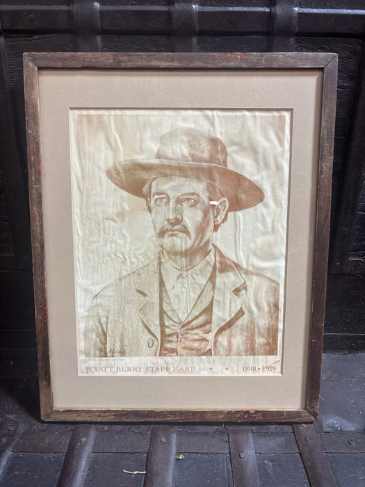 SMALL SIMPLE WOOD FRAMED SEPIA TONED PORTRAIT OF WYATT EARP - SIGNED BEN CARLTON MEAD