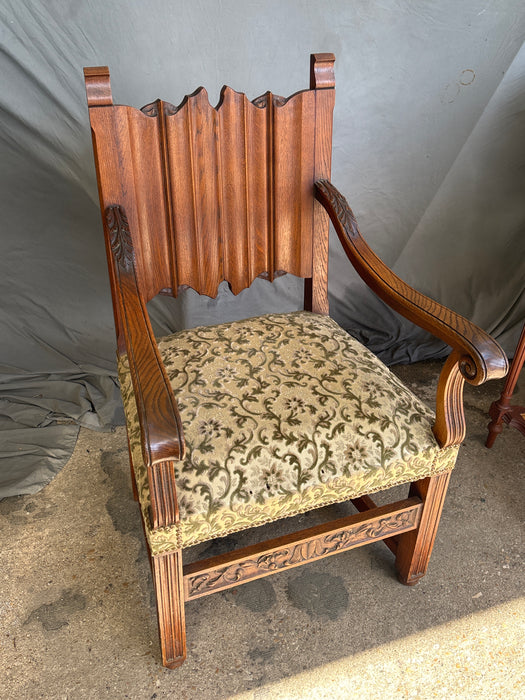 GREEN UPHOLSTERED FRENCH GOTHIC LINEN FOLD CARVED OAK ARMCHAIR