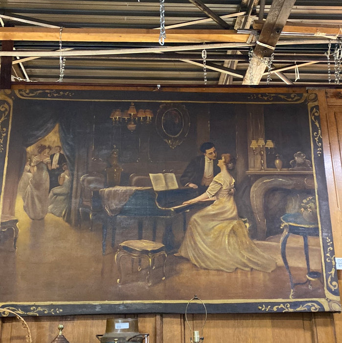 LARGE UNFRAMED OIL PAINTING OF LADY PLAYING THE PIANO