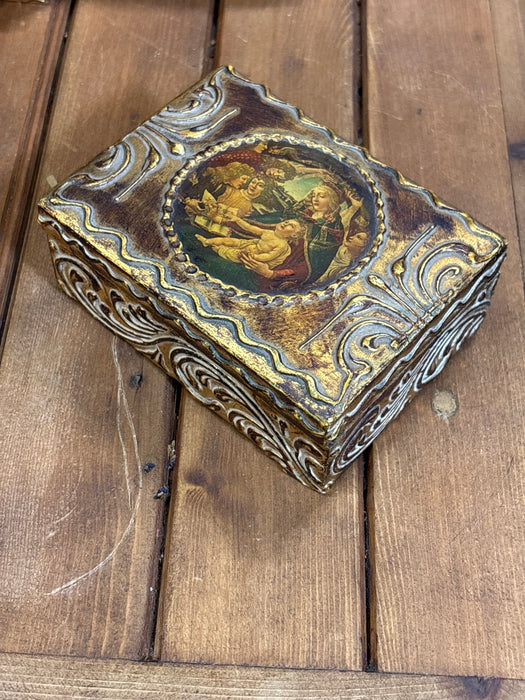 DARK GOLD FLORENTINE BOX WITH DECOUPAGE PAINTING OF WOMEN WITH CHILD