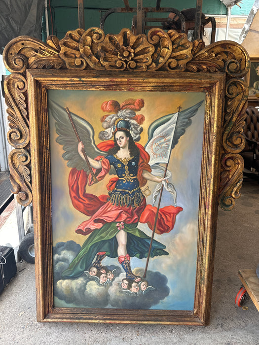 LARGE GILT FRAMED OIL PAINTING OF AN ANGEL