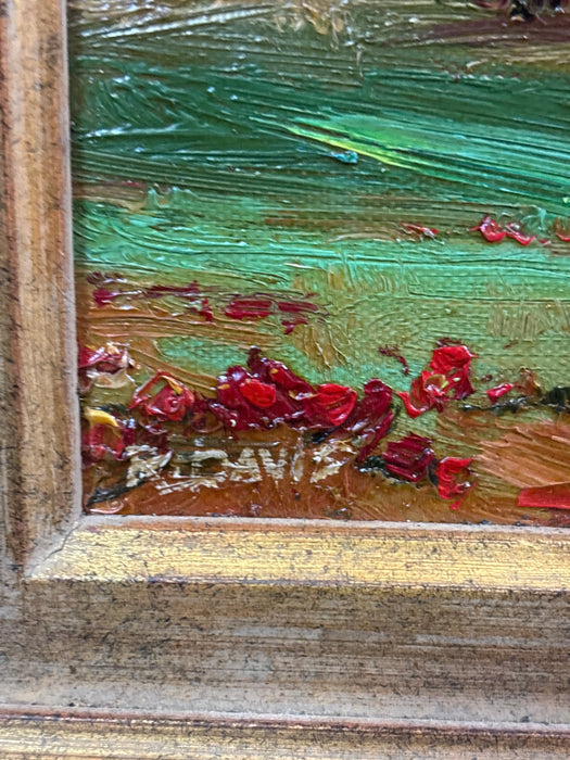 GOLD POPLAR WOOD FRAMED OIL PAINTING OF HOUSES WITH FENCE - SIGNED R. DAVIS