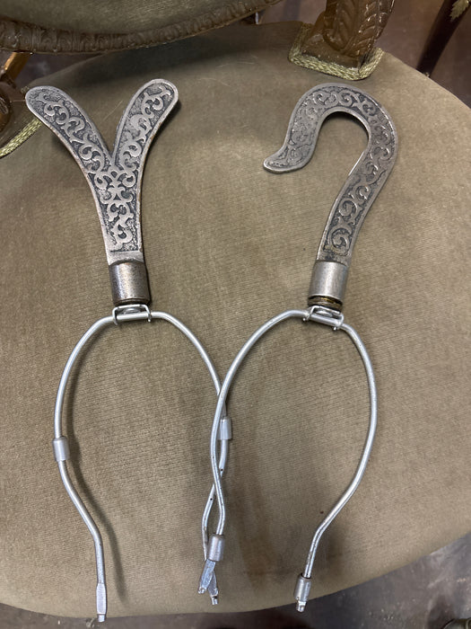 PAIR METAL FOLIATE INTAGLIO DESIGN NICKLE ON BRASS LAMP FINIALS
