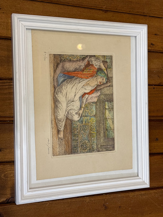 WHITE FRAMED COLORED MIDDLE EASTERN ENGRAVING