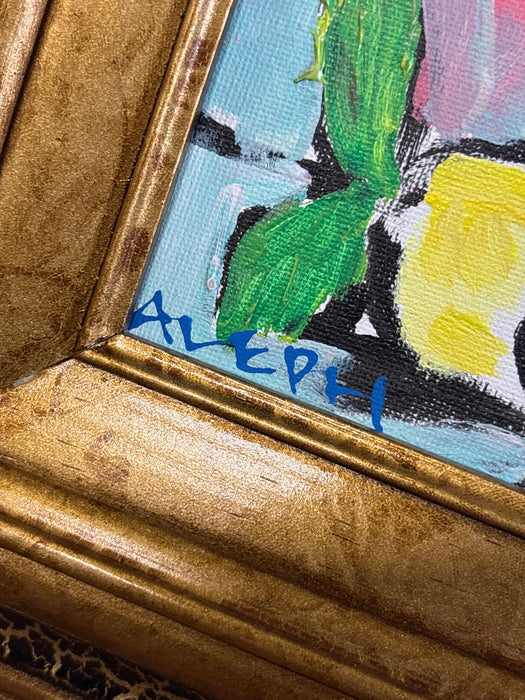 BLACK CRACKLE GOLD FRAMED PAINTING OF CAT AT TEA TABLE - SIGNED ALEPH