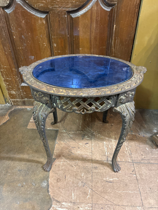 CAST IRON OVAL TABLE WITH BLUE GLASS