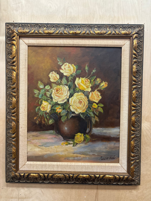 ORNATE GILT FRAMED OIL PAINTING OF YELLOW ROSES - SIGNED LOUISE HOYD