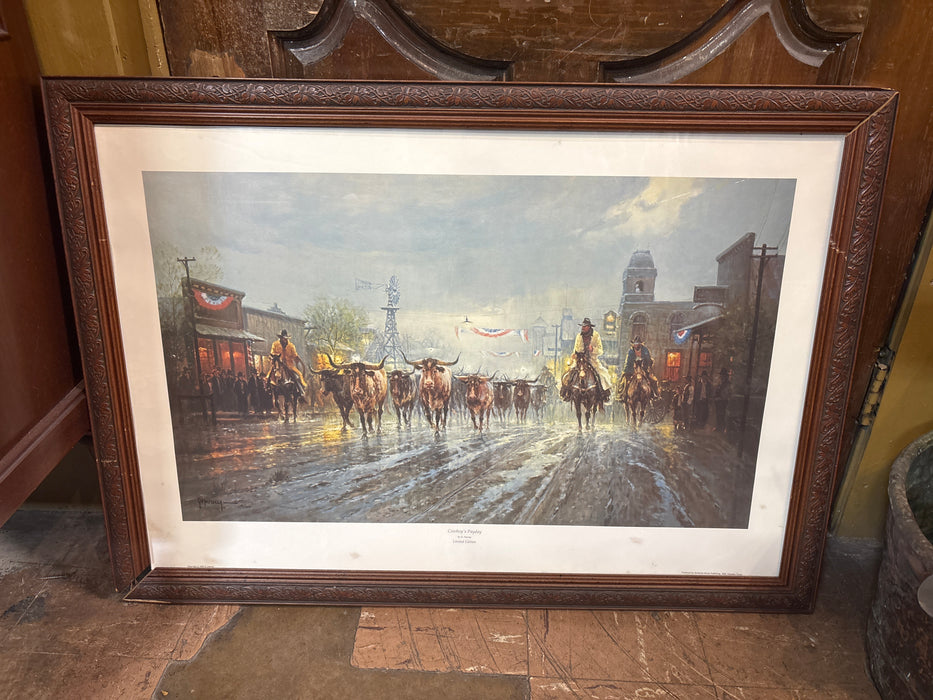 LARGE FOLIATE FRAMED PRINT OF TEXAS LONGHORNS - SIGNED G. HARVEY