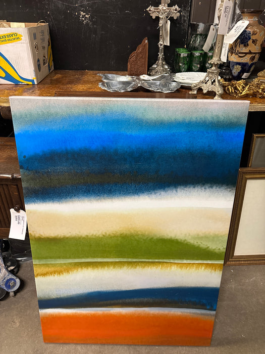 ORANGE, BLUE, WHITE AND GREEN ABSTRACT OIL PRINT ON BOARD