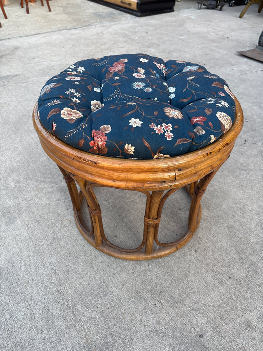 BAMBOO AND RATTAN FOOT STOOL WITH FLORAL BLUE CUSHION