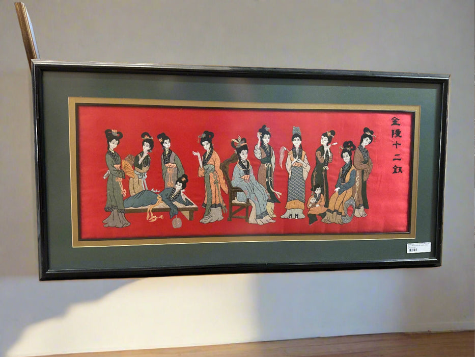 EMBROIDERED FRAMED PICTURE OF 12 BEAUTIES OF JING LING