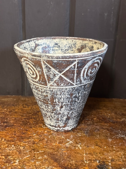 SMALL BROWN AND WHITE POT WITH SHAPES