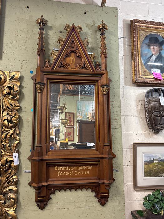 LARGE GOTHIC 19TH CENTURY WALNUT MIRROR