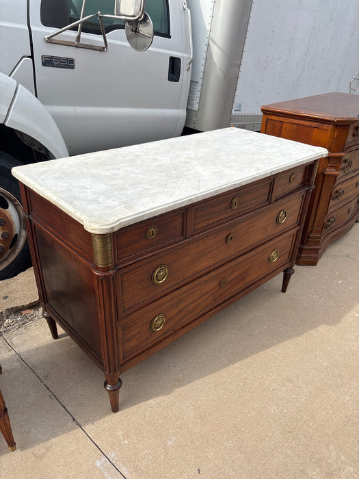 LARGE LOUIS XVI MARBLE TOP 5 DRAWER MAHOGANY CHEST WITH EMBOSSED BRASS PULLS