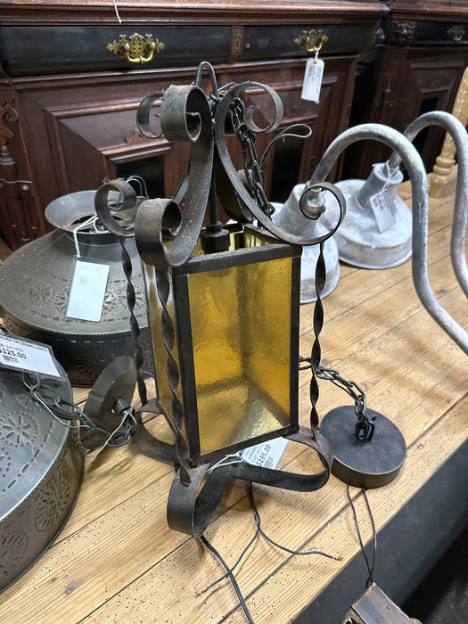 TWIST IRON AND GLASS HANGING LANTERN