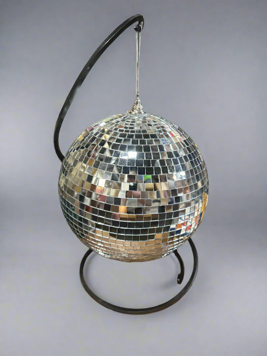 DISCO BALL ON VINTAGE WROUGHT IRON STAND