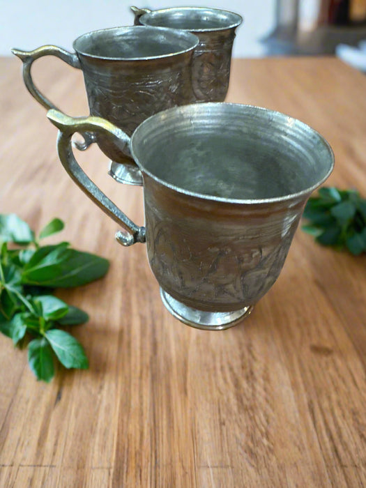 ENGRAVED COPPER AND PEWTER COFFE MUGS