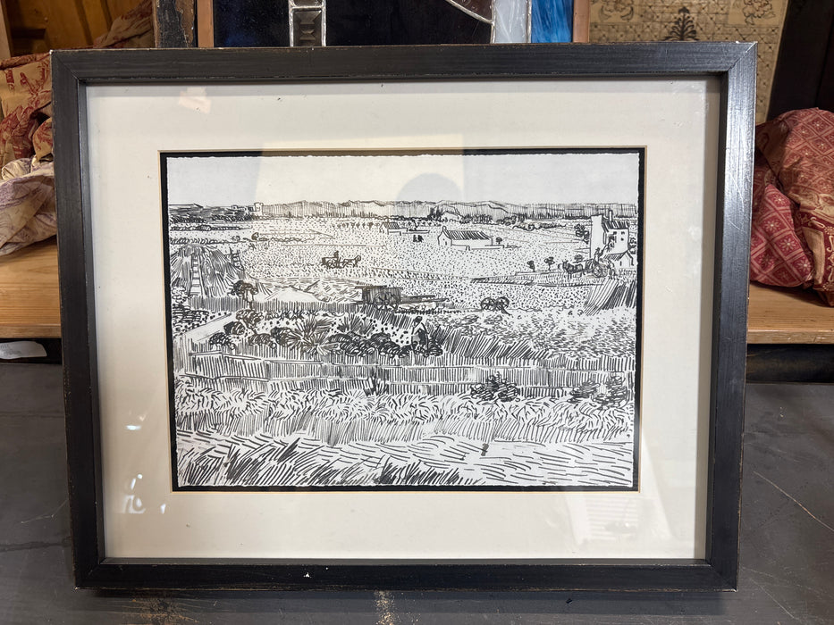 SIMPLE BLACK FRAMED BLACK AND WHITE PRINT OF FIELD - NOT OLD