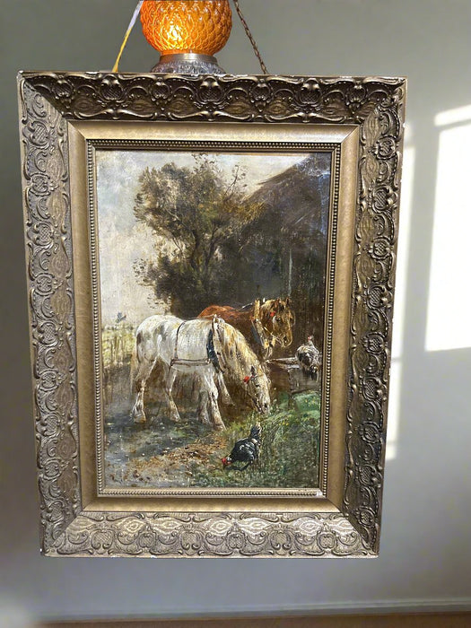 FRAMED VERTICAL OIL PAINTING OF HORSES SIGNED HENRY SCHOUTEN