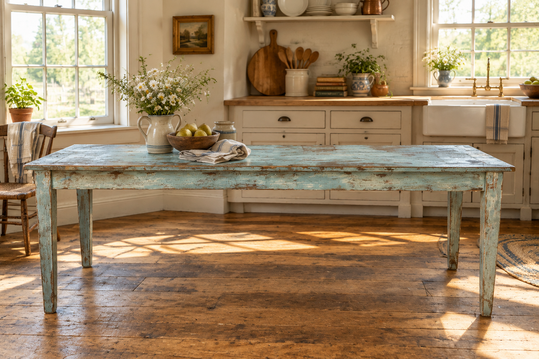 LONG BLUE PAINTED TAPERED LEG FARM TABLE