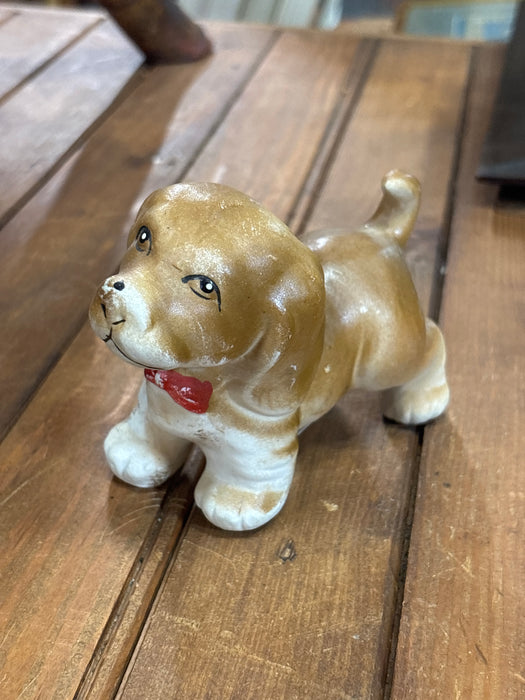 SMALL PORCELAIN DOG WITH RED BOW FIGURINE