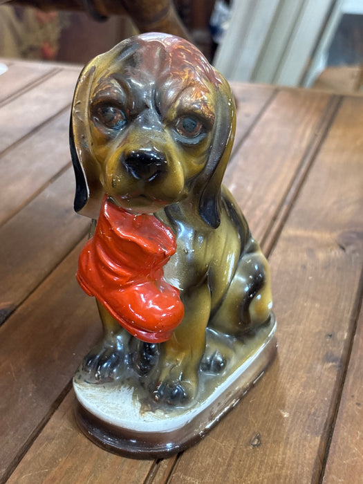 MEDIUM PORCELAIN DOG HOLDING RED BOOT FIGURINE