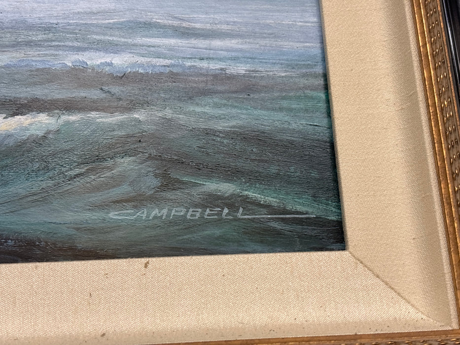 LARGE BURL FRAMED OIL PAINTING OF SAILING SHIP - SIGNED CAMBELL